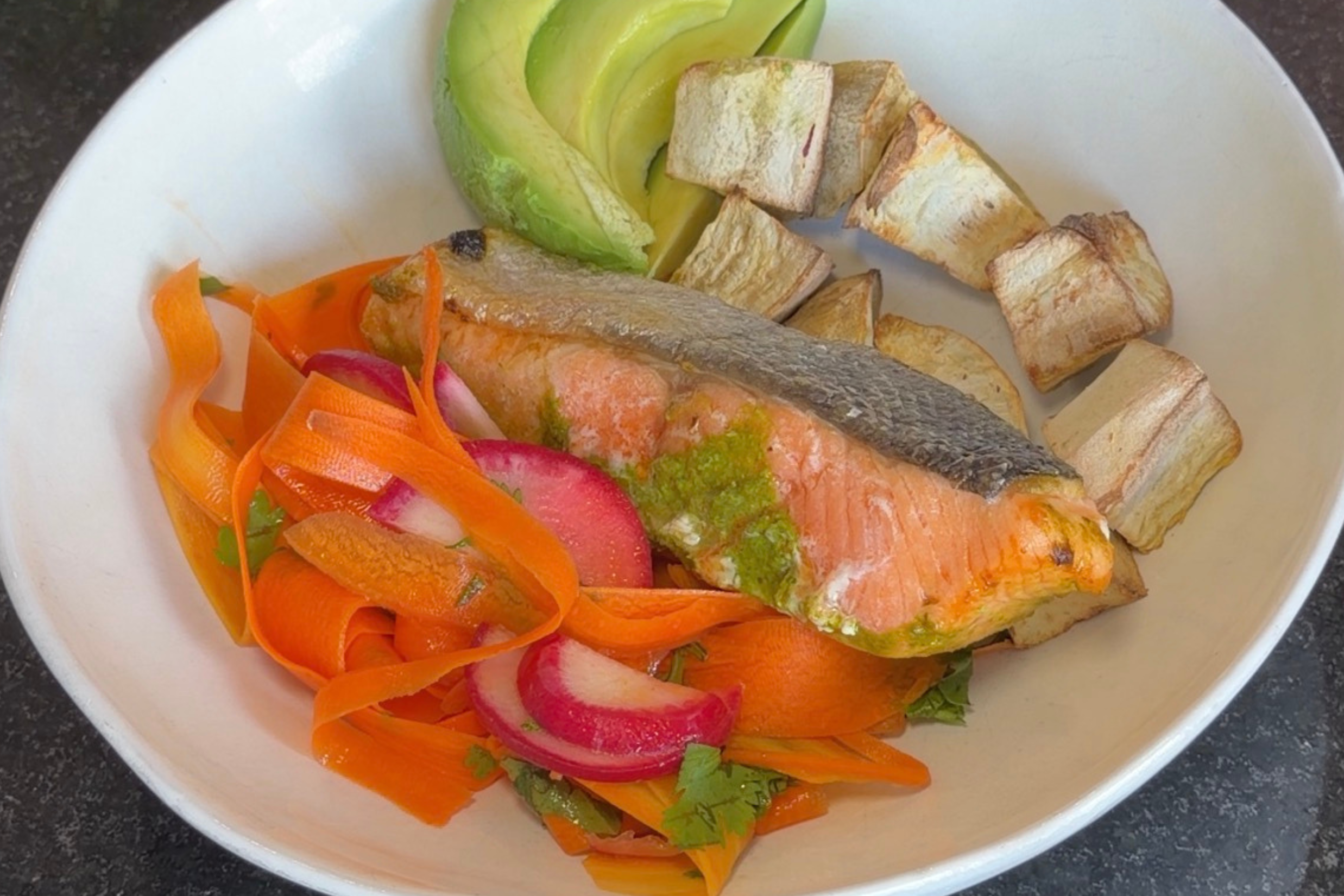 Image of Assemble the bowl: Start with a base of sweet potatoes,...