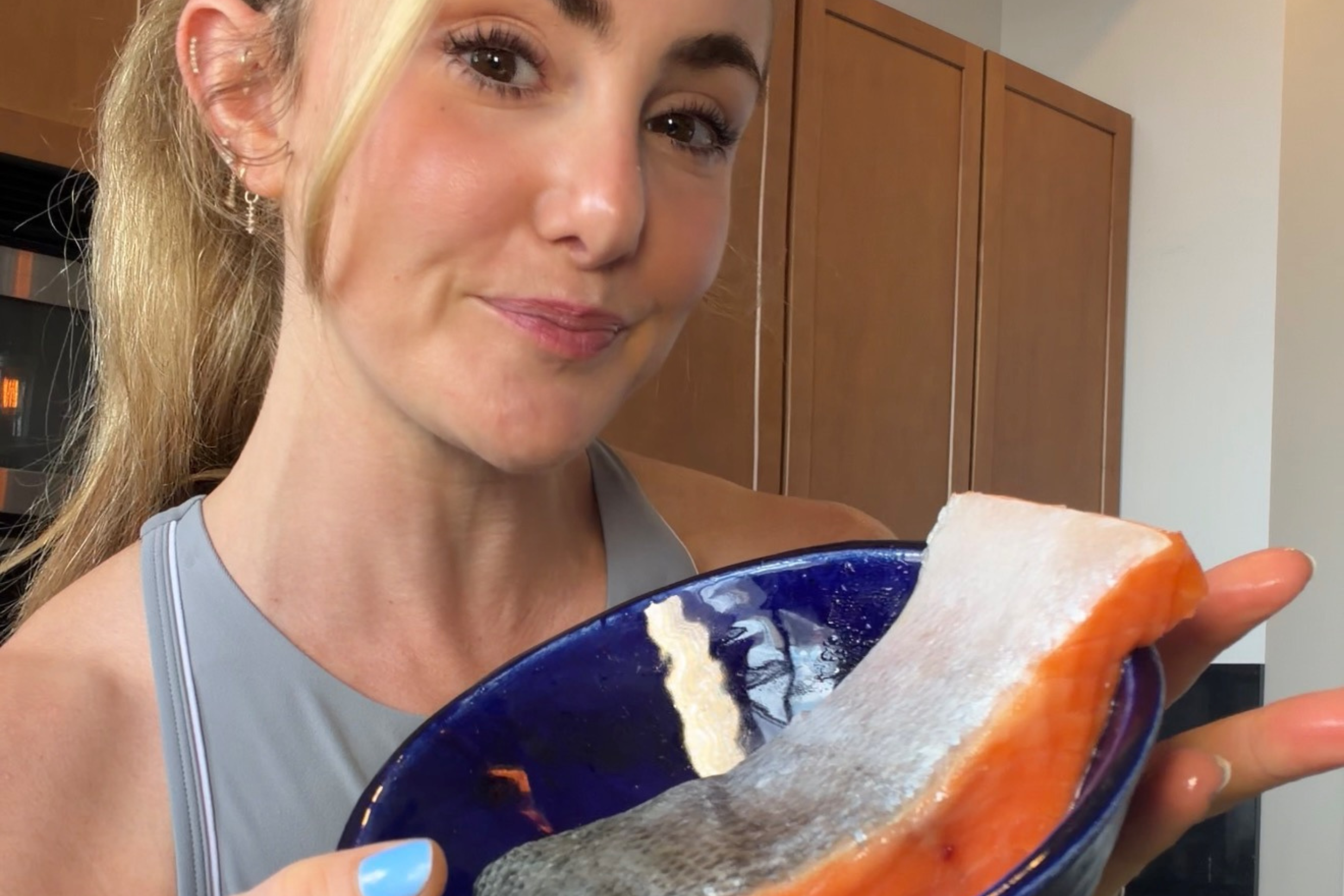 Image of Pat the salmon dry, season with salt, and air fry...