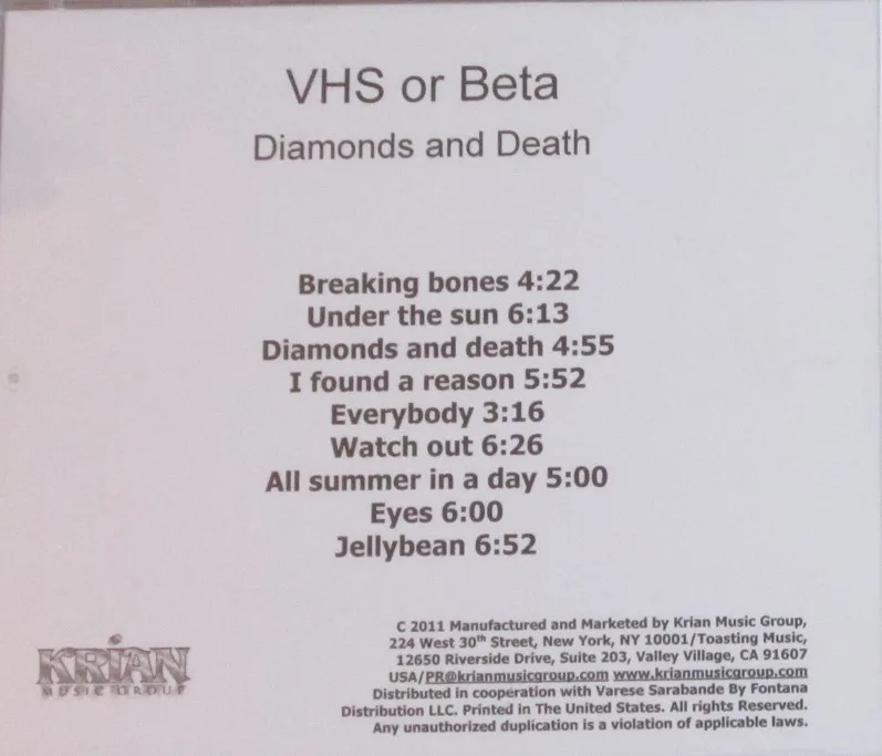 Official album cover art for the release Diamonds and Death by VHS or Beta