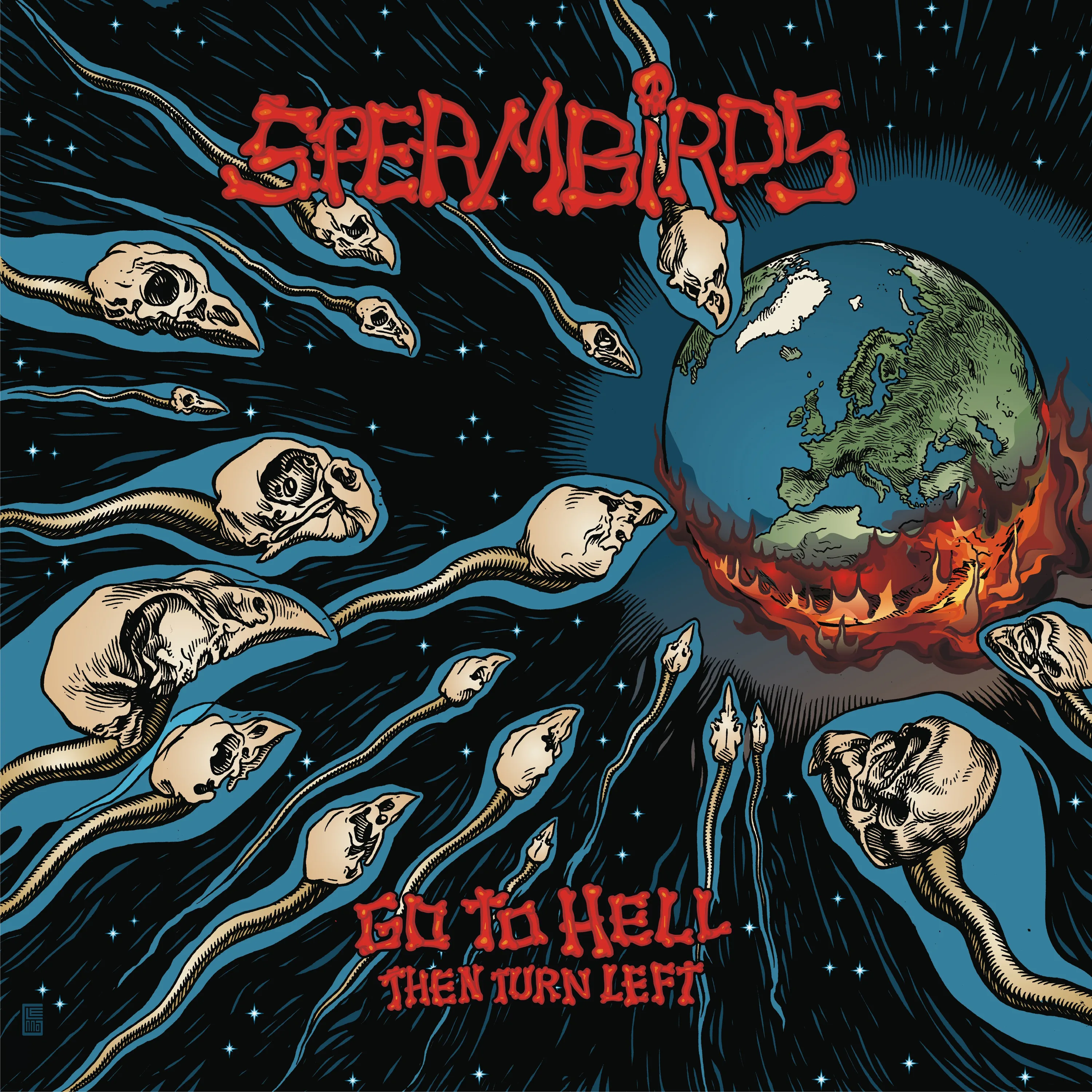 Official album cover art for the release Go to Hell Then Turn Left by Spermbirds