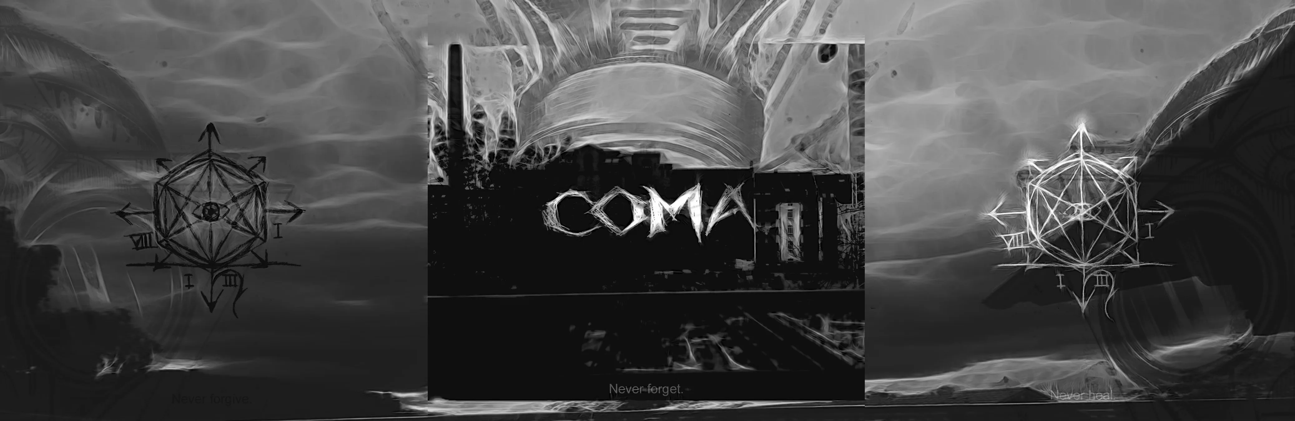 Official album cover art for the release NEVER FORGIVE - NEVER FORGET - NEVER HEAL by Coma.