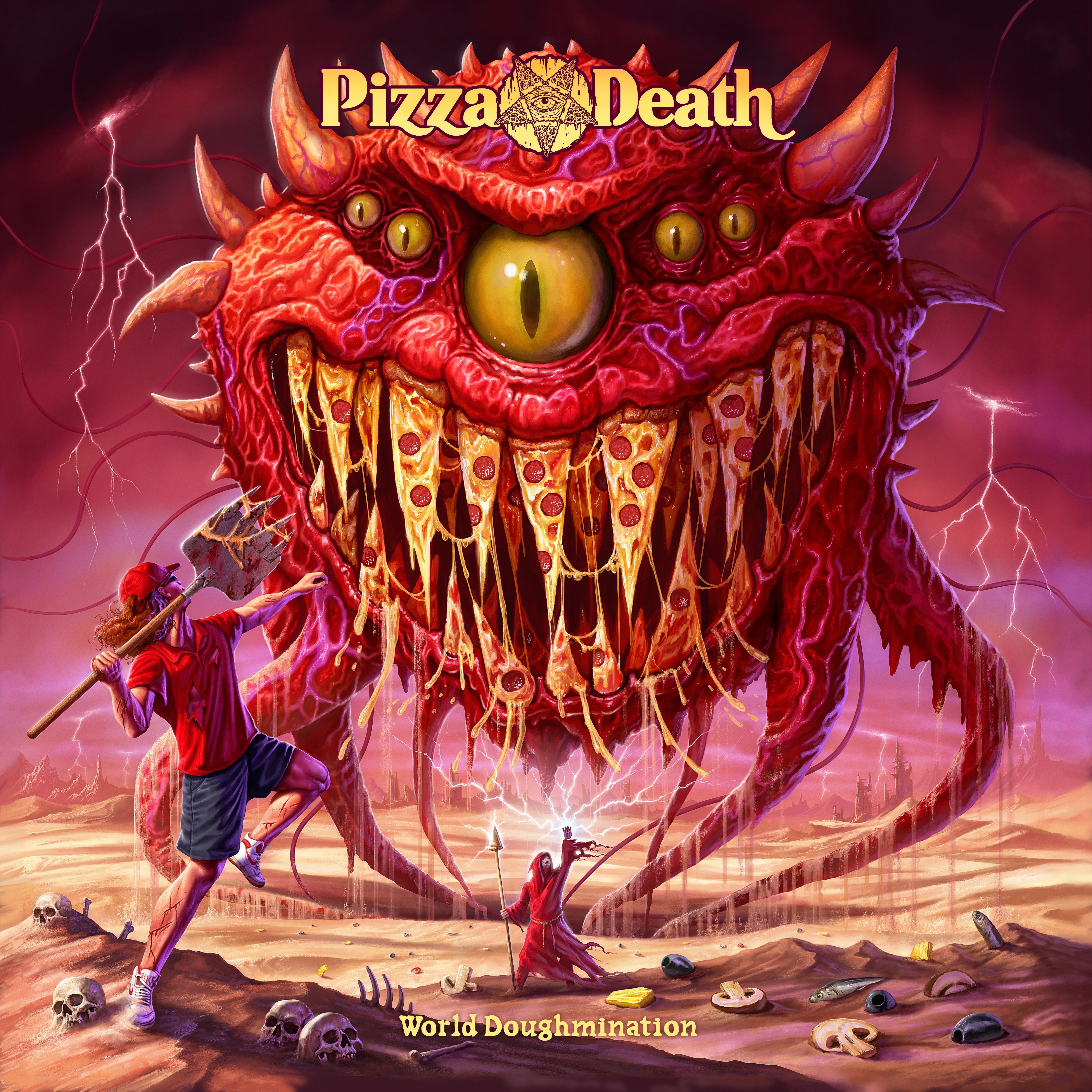 Official album cover art for the release World Doughmination by Pizza Death