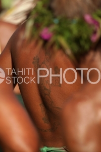 Tatoo of Tahitian during traditional sport competition of Heiva