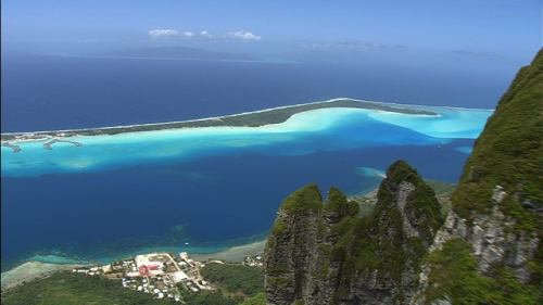 Aerial shot of the lagoon from the highest mountain Otemanu of Bora Bora in French Polynesia