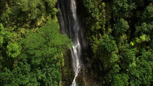 Aerial shot of waterfall in Nuku Hiva in the Marquesas islands, French Polynesia