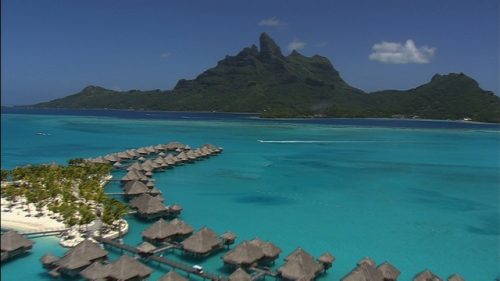 Aerial shot of a luxurious hotel in the lagoon of Bora Bora, Society Islands in french Polynesia