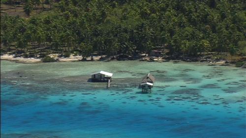 Aerial shot of a pearl farm in the lagoon of Rangiroa, Tuamotus archipelago in Polynesia