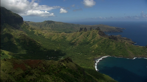 Aerial shot of mount Aakapa of Nuku Hiva, in Marquesas archipelago islands in french Polynesia