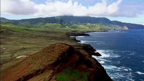 Aerial shot of the coast of Ua Huka, Marquesas Island 