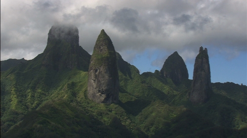 Aerial shot of the two tops of the moutains of island Ua Pou in Marquesas archipelago in Polynesia