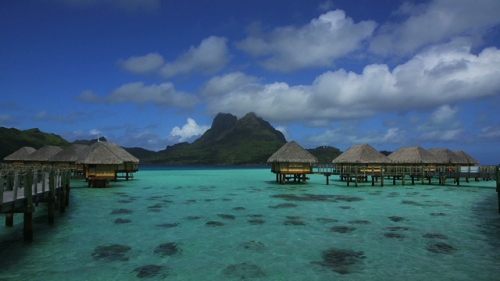 Bora Bora, Timelapse, Deck and overwater bungalows in the lagoon
