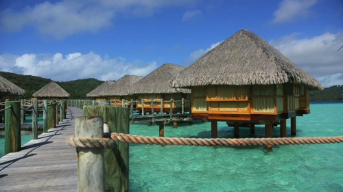 Bora Bora, Deck and overwater bungalows in the lagoon