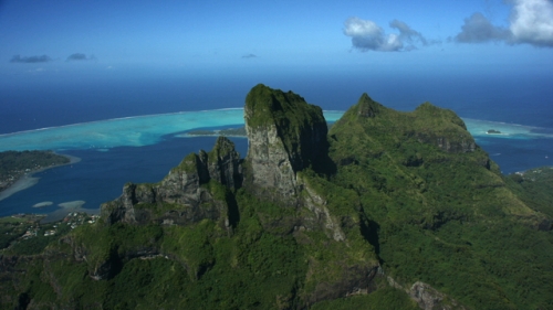 4K UHD, Bora Bora, Aerial view of the Mountain Otemanu, and the lagoon