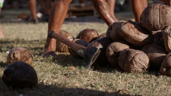 Heiva Tahiti, Polynesian Traditional sports, man breaking coconuts with axe, coprah- farmers contest