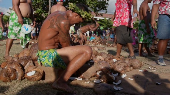 Heiva Tahiti, Polynesian Traditional sports, coprah- farmers contest, Man emptying coconuts