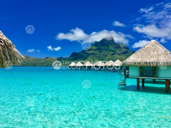 Bora Bora, Beautiful view on Mt Otemanu, seen from the overwater bungalows of a luxury resort