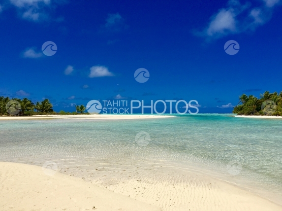 Lagoon of Tetiaroa, white sand beach and coconut trees under the blue sky