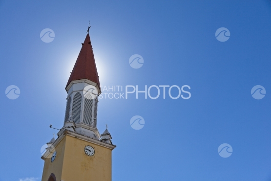 Tahiti, Bell tower of Cathedral of Papeete, sunny sky