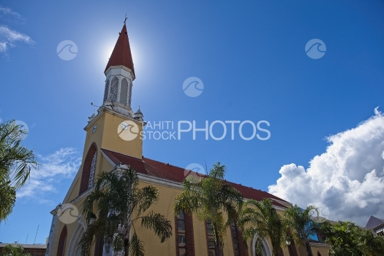 Tahiti, Cathedral of Papeete under sunny sky