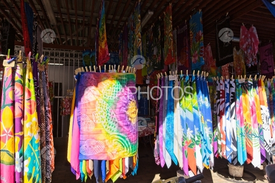 Tahiti, Colored pareos to sell at the market of Papeete