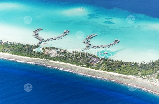 Bora Bora, Aerial view of hotel in the lagoon