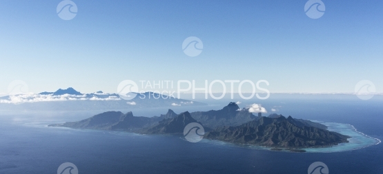 Panoramic aerial view of Moorea, and Tahiti in the background
