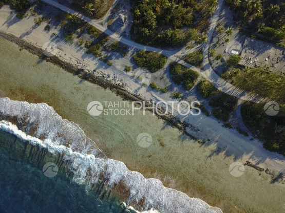 Fakarava aerial by drone, reef and ocean waves