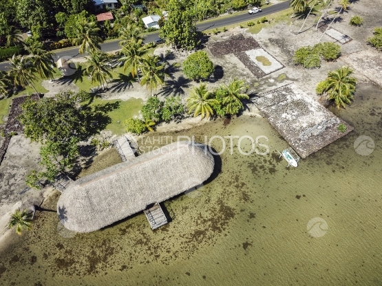Huahine, aerial view of a sacred archeologic site, marae
