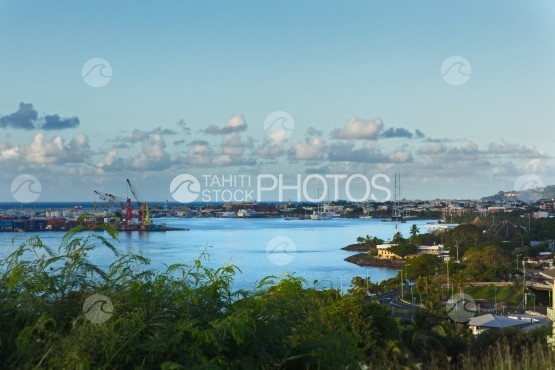 Tahiti, Papeete harbour at sunset time, shot from hills