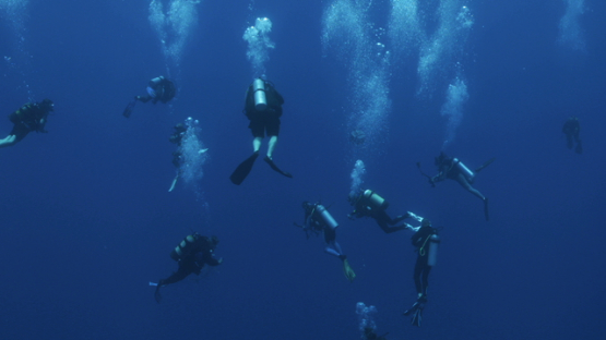 Scuba divers making bubbles in the depth, Tiputa pass, Rangiroa, 4K UHD