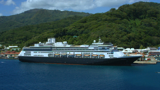 Raiatea, aerial view of a cruise ship at the dock, and pass to ocean