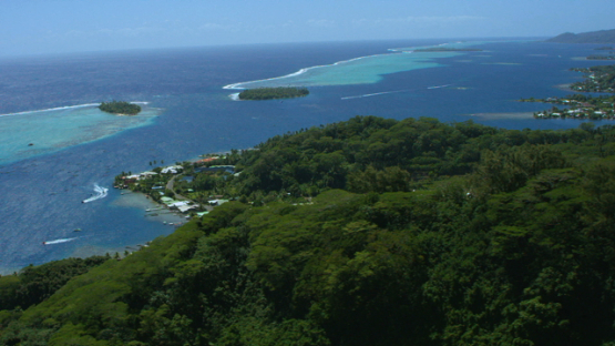 Raiatea, aerial view of the island and lagoon, pass and littles islots