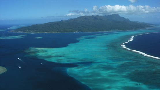 Raiatea, aerial view of the the island over the lagoon