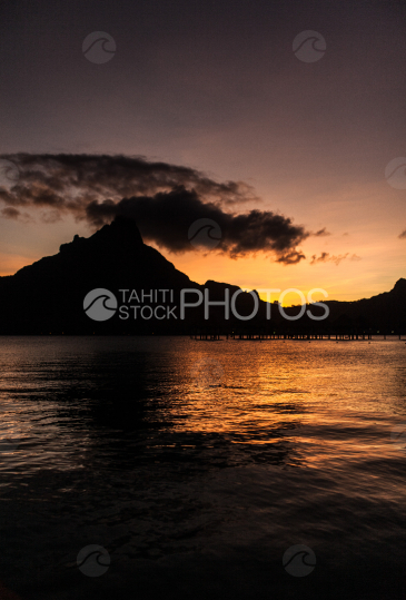 Island and lagoon of Bora Bora at the sunset, shot in black and white