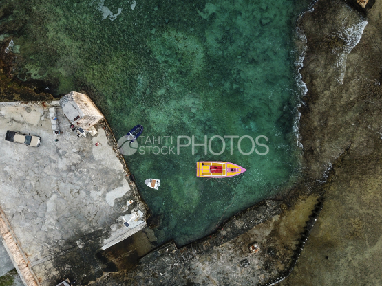 Makatea, aerial shot of the island, reef, and marina