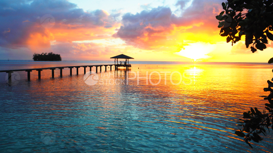 Raiatea, deck in the lagoon at the sunset