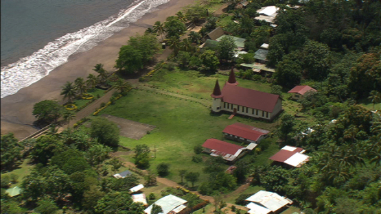 Aerial view of Nuku Hiva, over the village of Hatiheu and its church