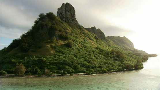 Aerial view of Raivavae and the mountain, Austral islands, from the lagoon