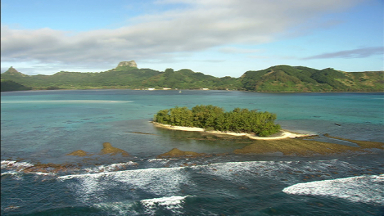 Aerial view of the island Raivavae from the lagoon, Austral islands