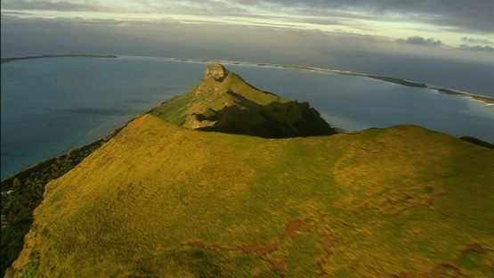 Aerial view of Raivavae, Austral island, over the hills