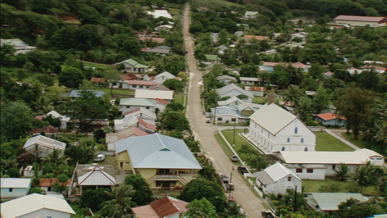 Aerial view of the village of Rurutu and the church, austral islands