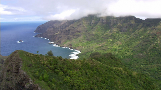 Aerial footage of the rocky coast of Tahuata, Marquesas islands
