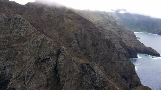 Aerial footage of the rocky coast of Tahuata, Marquesas islands