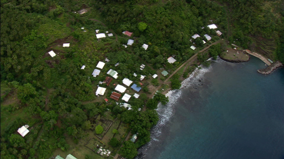 Aerial footage of the village Hapatoni, Tahuata, Marquesas islands