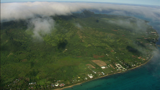 Aerial view of Tubuai from high, Austral islands, fields and farms