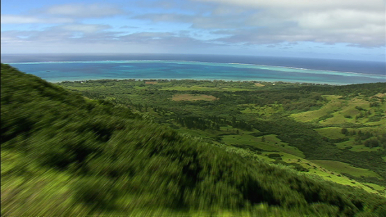 Aerial view of Tubuai, Austral islands, over the hill