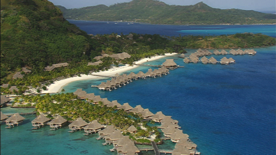 Bora Bora aerial view, Leeward islands, luxury hotel and overwater bungalows in the lagoon
