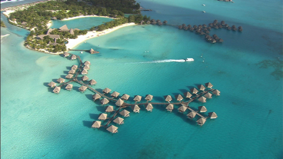 Bora Bora aerial view, Leeward islands, luxury hotel and overwater bungalows in the lagoon