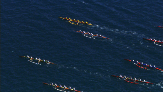 Aerial view of the Hawaikinui race vaa, starting from Raiatea, Leeward islands
