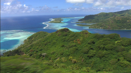 Huahine, Leeward islands, aerial view over the hills of the lagoon